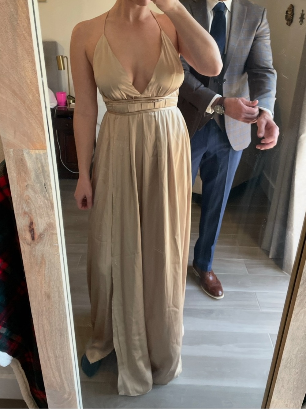White Fox Boutique Champagne Satin Halter Maxi Dress